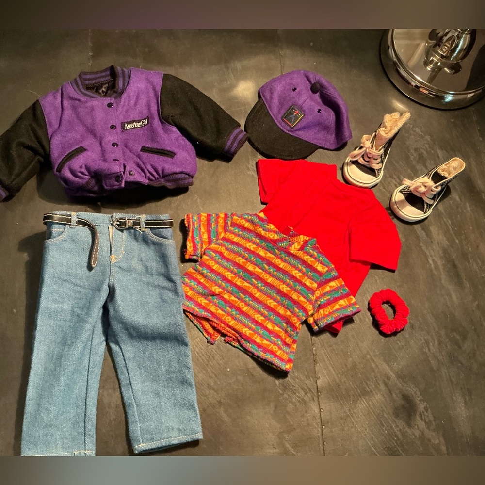 American Girl Purple and Black Varsity Jacket Outfit Set with Red Tee